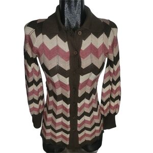 BCBGMaxazria Brown and Pink Wool Blend Chevron Cardigan Sweater XS